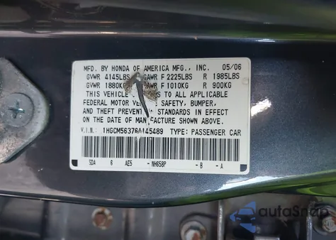2006 Honda Accord 2.4 Se from USA, damaged, VIN 1HGCM56376A145489